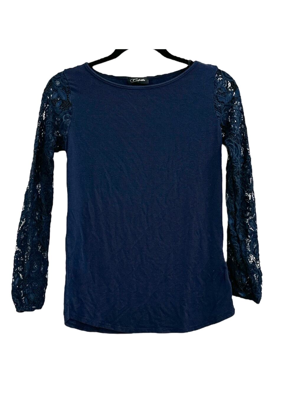 Colette Stretch Navy Blue Long Sleeved Top with Full Lace Sleeves Size XS EUC!!